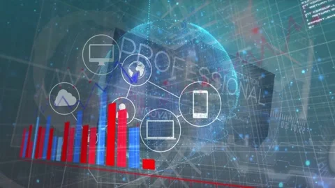 Cloud icon appearing, globe rotating while bars rising and nodes connecting, Vídeos de archivo 333774278