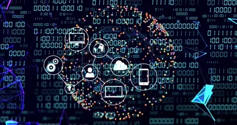 Cloud icon appearing, node hub pulsing and linking icons, lines animating, Stock Footage 328396388