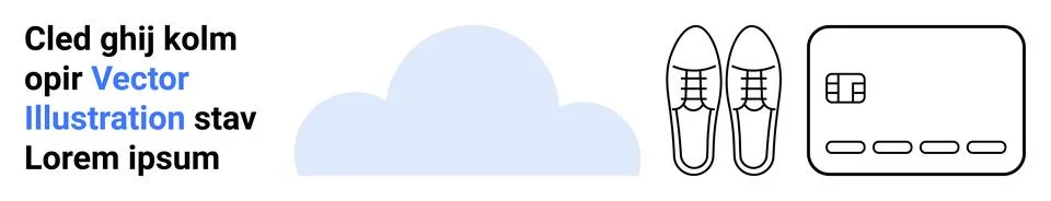 Cloud icon beside text, outlined shoes, and a credit card. Ideal for technolo Stock Illustration