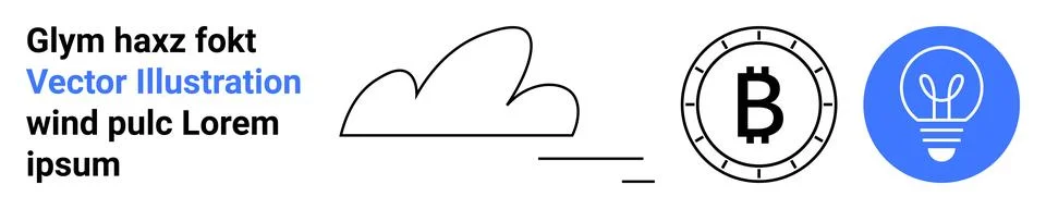 Cloud icon, Bitcoin symbol, light bulb in blue circle, and placeholder text G Stock Illustration