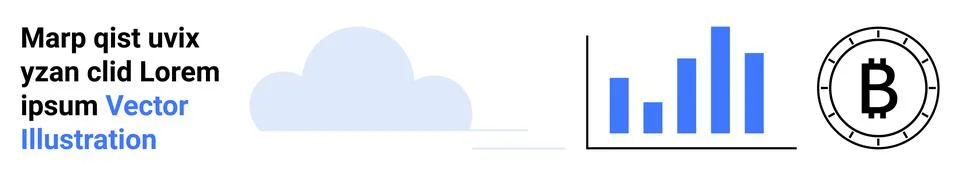 Cloud icon, blue bar chart, and Bitcoin symbol emphasize technology, data ana Stockillustratie