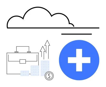 Cloud icon with briefcase, dollar coin, and growth arrows highlighting financ Illustrazione stock