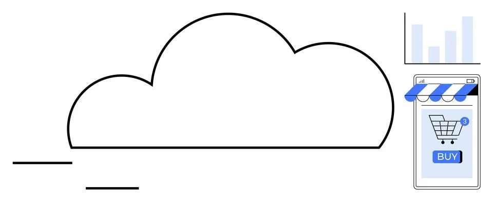 A cloud icon centered with a mobile shopping cart, bar chart, and purchase bu 스톡 일러스트