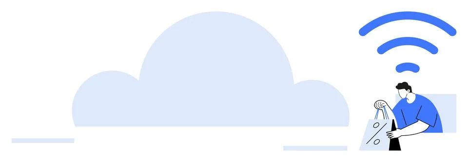 Cloud icon centered with wireless signal and person holding shopping bags on  스톡 일러스트