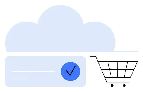Cloud icon, a checkmark in a blue circle, and a shopping cart representing e- 스톡 일러스트