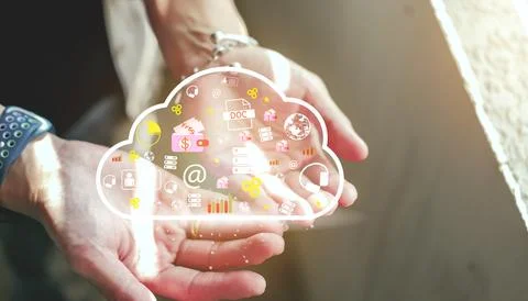 Cloud icon concept of big data access, global network connection, data search Stock Photos