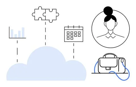 Cloud icon connected to bar chart, puzzle pieces, calendar, profile picture,  Stockillustratie