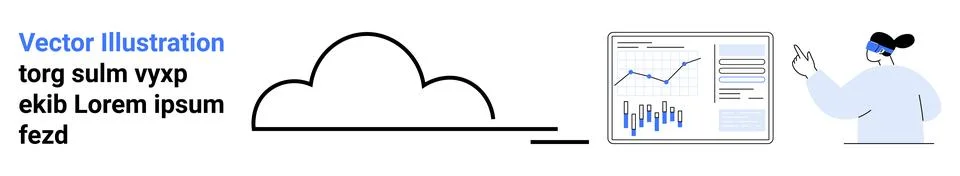 Cloud icon with a connected line, graphs on a screen showing data analysis, d Stock Illustration
