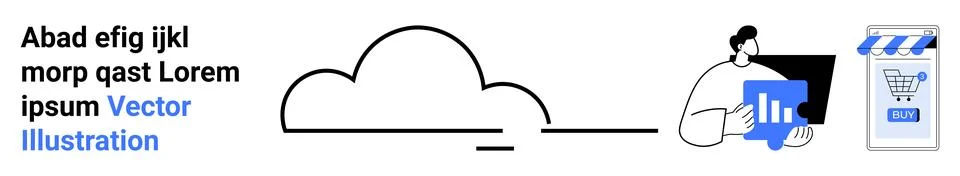 A cloud icon connects to an individual analyzing data on a laptop, next to a  Stock Illustration