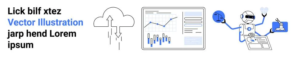 Cloud icon, data analytics chart, robot with gears and a laptop. Ideal for te Stock Illustration