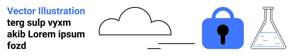 Cloud icon with data stream, blue padlock representing security, and chemistr Illustrazione stock