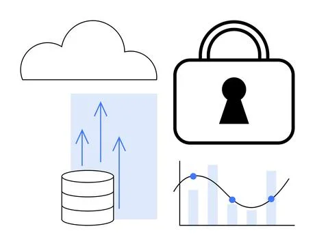 Cloud icon, database with uplink arrows, secure padlock, and an analytics gra Stock Illustration