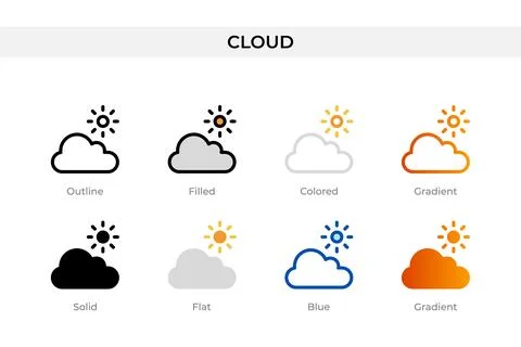 Cloud icon in different style. cloud vector icons designed in outline, soli.. Stock Illustration