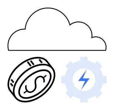 Cloud icon, dollar coin, and gear with lightning bolt illustrating cloud comp Stock Illustration
