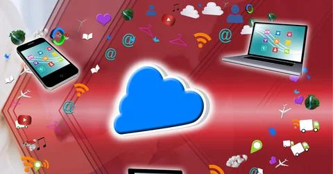 Cloud icon, electronic devices and multiple digital icons against abstract 스톡 사진