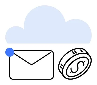 Cloud icon with envelope featuring notification dot and coin with dollar sign Stock Illustration