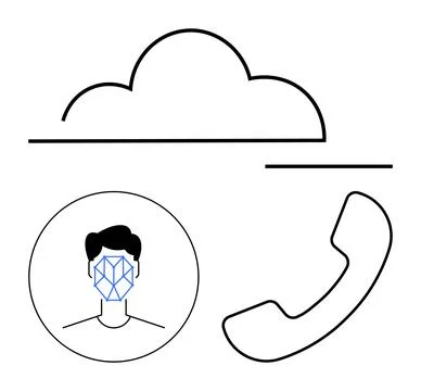 Cloud icon, face recognition in a circle, and a phone receiver highlight AI,  Stock Illustration