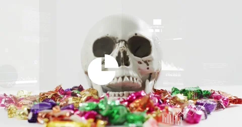 On cloud icon fading, skull model receiving data charts merging and pulsing for Stock Footage 330058981