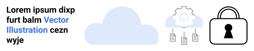 Cloud icon, gear with data files, and padlock symbol representing data protec Stock Illustration