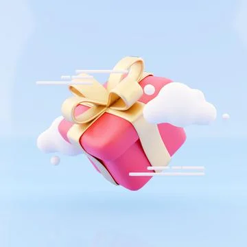 Cloud icon with gift box 3D rendering isolated on blue background. 3d render Stock Illustration