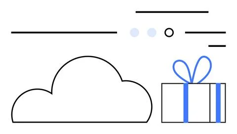 Cloud icon with a gift box and lines representing data movement. Ideal for te Stock Illustration