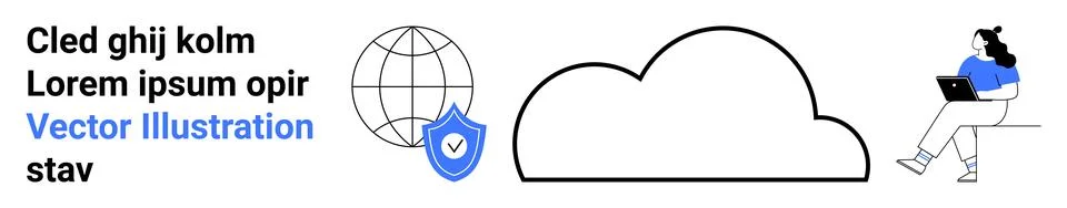 Cloud icon, globe with shield, person using laptop. Digital connectivity, sec Stock Illustration