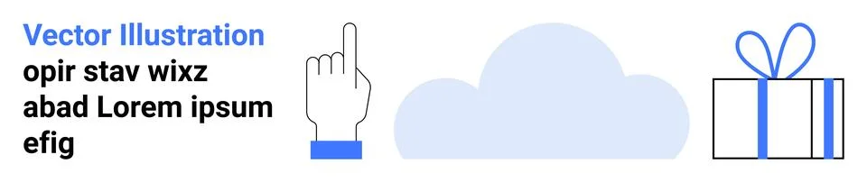 Cloud icon with hand pointing up and gift box, surrounded by text elements イラスト素材