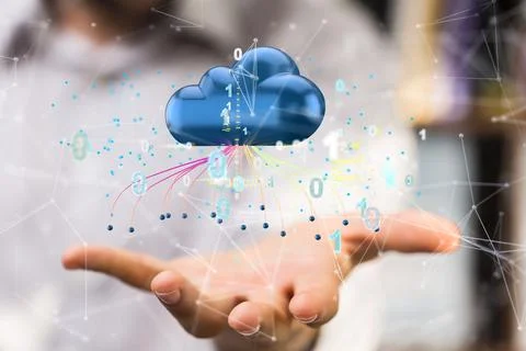 Cloud icon hovering over a hand - artificial intelligence, cloud technology conc 스톡 사진