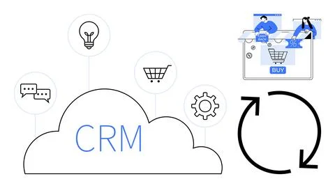 Cloud icon labeled CRM linked to chat bubbles, shopping cart, light bulb, gea 스톡 일러스트