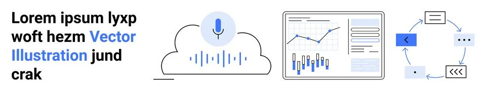 Cloud icon with microphone and sound waves, bar chart with graphs and documen Illustrazione stock