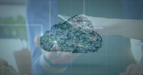 Cloud icon of network of connections against person using smartphone to make Stock Photos