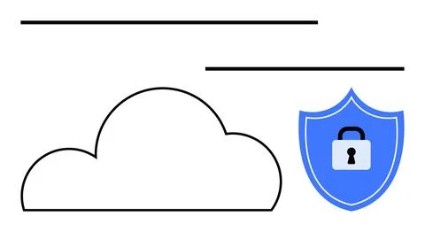 Cloud icon next to blue shield with a padlock, emphasizing security and data  Illustrazione stock