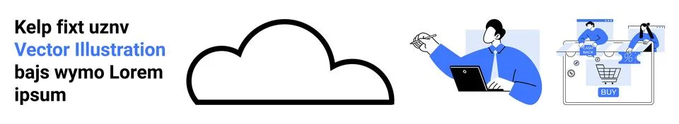 Cloud icon, person analyzing data on laptop, two team members working on e-co Stock Illustration