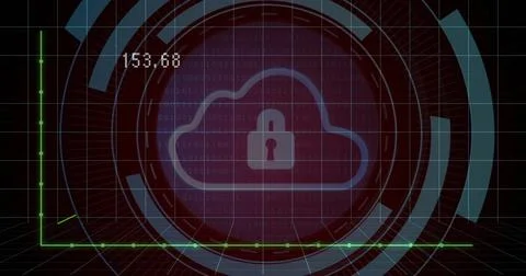 Cloud icon presenting embedded padlock over data rings in virtual cyberspace, Stock Illustration