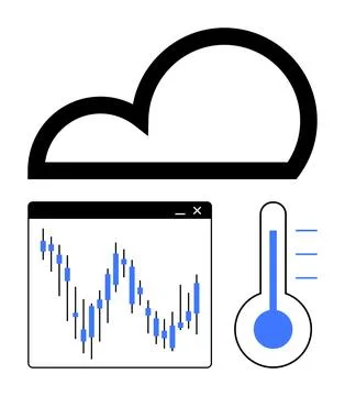Cloud icon, real-time financial graph, and thermometer with blue temperature  스톡 일러스트