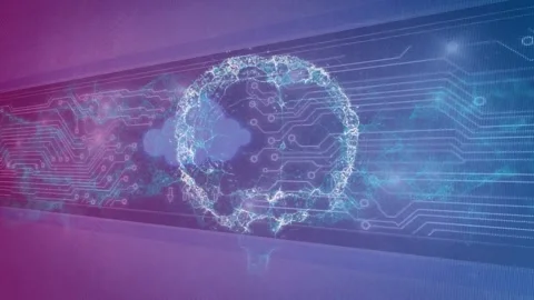 Cloud icon responding to data arrows, forming particle halo becoming glowing Stock Footage 329505156