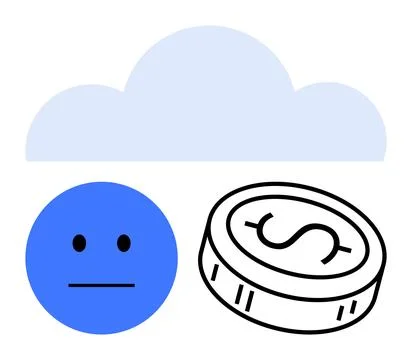 Cloud icon with a sad face emotion and a coin symbol representing financial.. Stock Illustration
