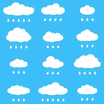 Cloud icon set. Different clouds with drops isolated on the blue sky background. Stock Illustration