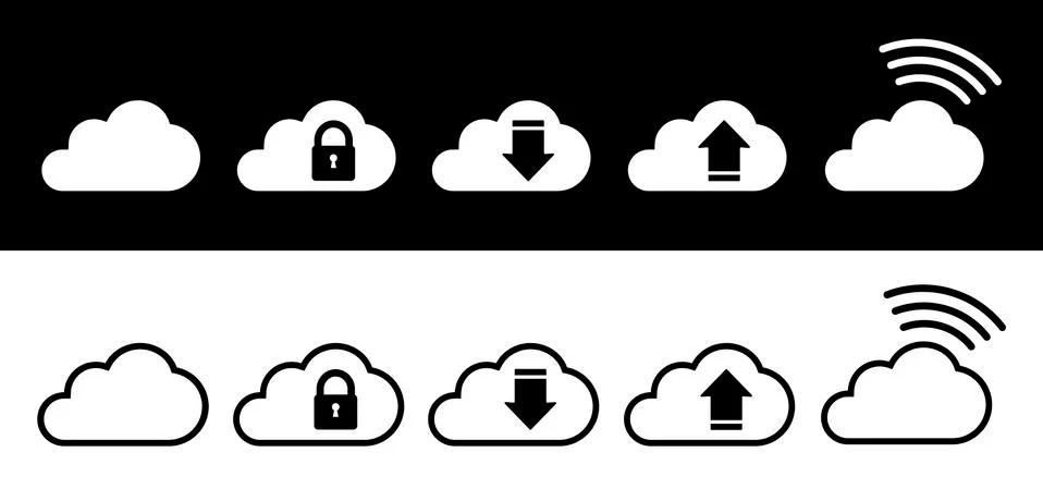 Cloud icon set in white and black in flat style Stock Illustration