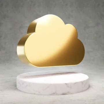 Cloud icon. Shiny golden Cloud symbol on white marble podium. Ilustração Stock