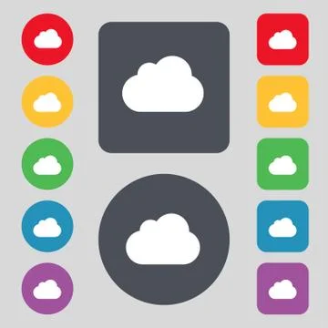 Cloud icon sign. A set of 12 colored buttons. Flat design. Vector 스톡 일러스트
