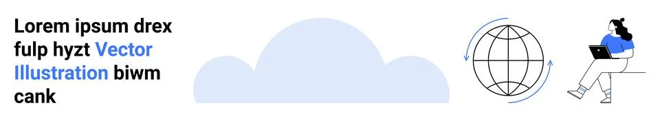 Cloud icon, spinning globe, and person using laptop. Ideal for cloud computin Illustrazione stock