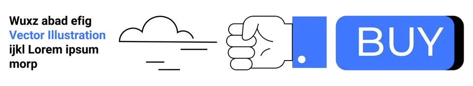 Cloud icon, text elements, and a hand pressing a large blue BUY button. Ideal Illustrazione stock