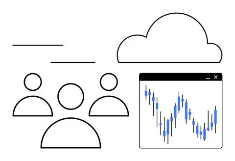 Cloud icon, three user icons, graph with candlestick chart. Ideal for cloud c Stockillustratie