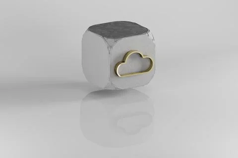 Cloud icon. Yellow Golden Cloud symbol on stone cube and white background. 3d イラスト素材