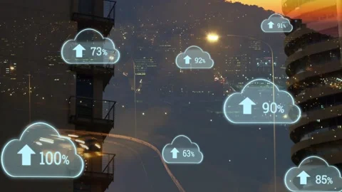 Cloud icons appearing after data pulse, expanding, shifting and showing rising % 스톡 동영상 323119066