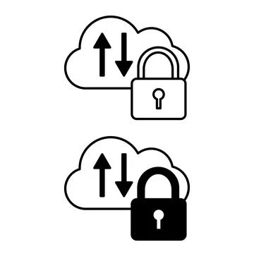 Cloud Icons. Black and White Vector Illustration. Padlock, Cloud, and Up an.. Illustrazione stock