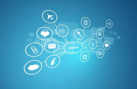 Cloud with icons. Blue background Stockillustratie
