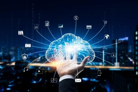 Cloud icons connect to internet server service for data download and upload.. Fotos Stock