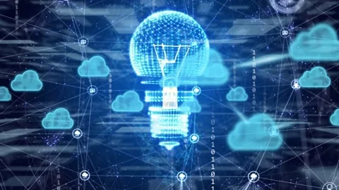 Cloud icons drifting into globe causing holo bulb forming, glowing, sending bits Stock Footage 334337688